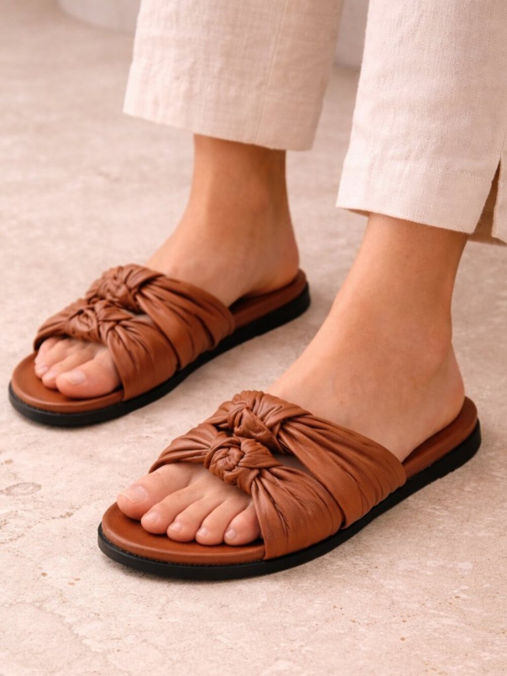 Dear Frances Tye Knotted Leather Slide Sandals Hazelnut Brown EU 39 US 9